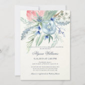 Blauw en Roze Pioen Waterverf Vrijgezellenfeest Kaart (Voorkant)