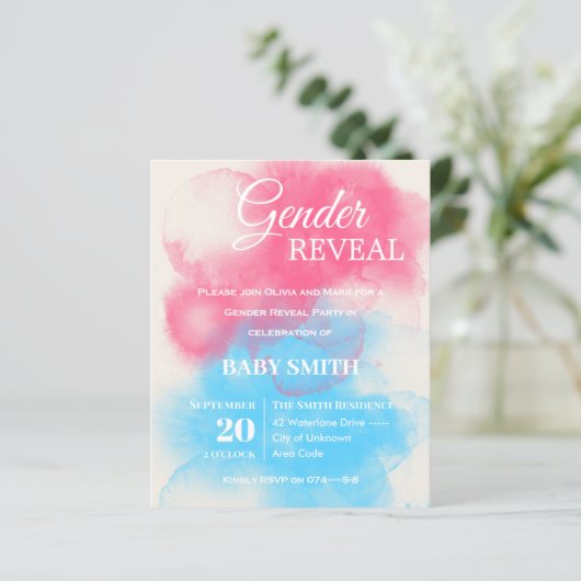 Blauw en roze plastic onthullen uitnodiging (Staand voorkant)