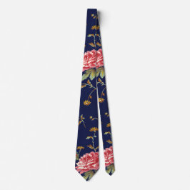 Blauw en Roze Retro Bloemen Ontwerp Stropdas