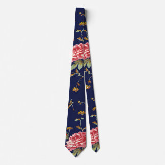 Blauw en Roze Retro Bloemen Ontwerp Stropdas