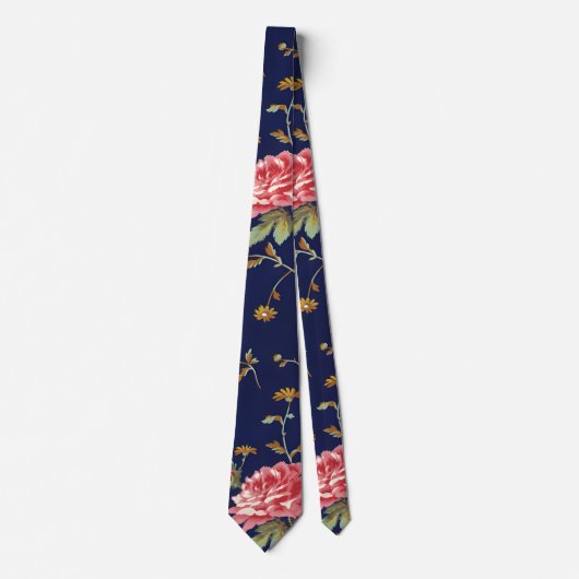 Blauw en Roze Retro Bloemendesign Stropdas (Voorkant)