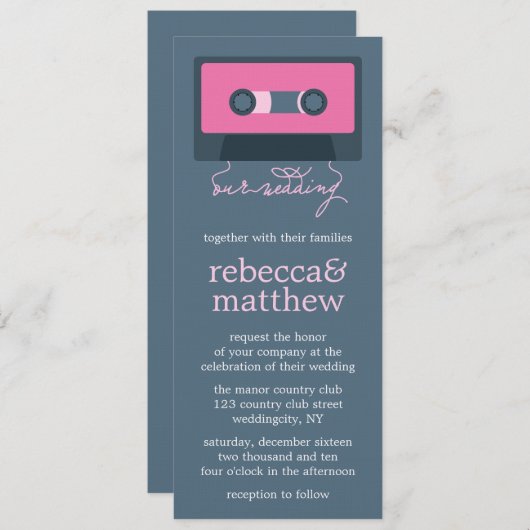 Blauw en Roze Retro Mixtape Bruiloft Kaart (Voorkant / Achterkant)