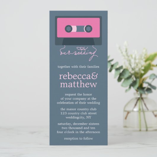 Blauw en Roze Retro Mixtape Bruiloft Kaart (Staand voorkant)