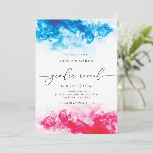 Blauw en roze rookthema Genderonderzoek Uitnodigin Kaart (Staand voorkant)