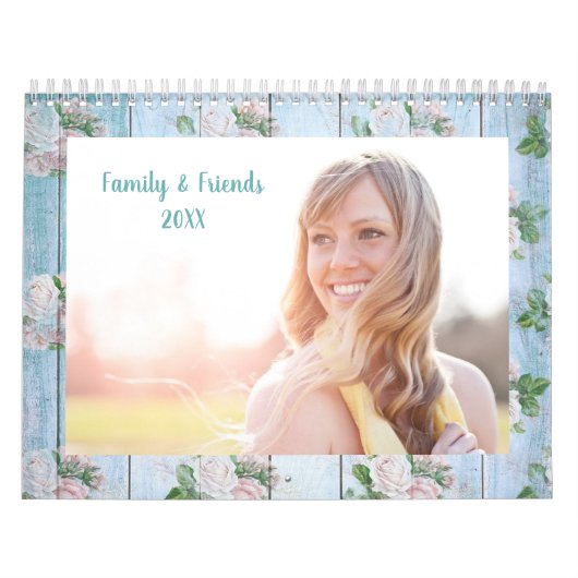 Blauw en Roze Rozen Shabby Chique Hout Foto Kalender (Hoes)