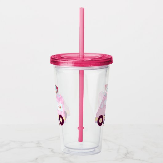 Blauw en roze schattig konijn ijswagen acryl drinkbeker (Rechts)