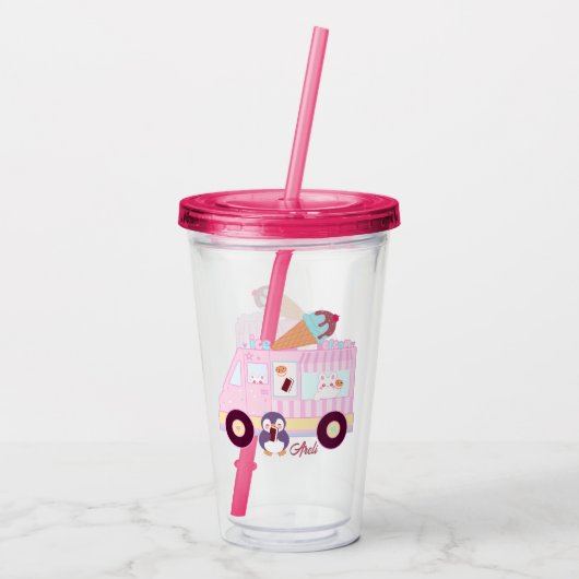 Blauw en roze schattig konijn ijswagen acryl drinkbeker (Achterkant)
