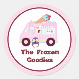 Blauw en roze schattig konijn ijswagen ronde sticker