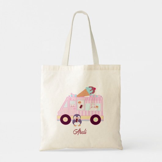 Blauw en roze schattig konijn ijswagen tote bag (Achterkant)