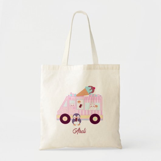 Blauw en roze schattig konijn ijswagen tote bag (Voorkant)