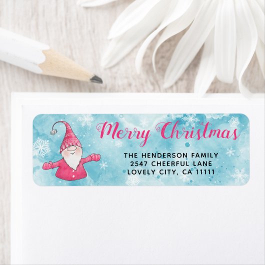 Blauw en Roze Schattige Gnome Kerstadres Etiket (Insitu)