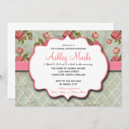 Blauw en roze Shabby Chic Shower nodigen Kaart (Voorkant / Achterkant)