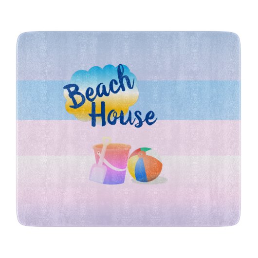 Blauw en Roze Strandhuis Snijplank (Voorkant)