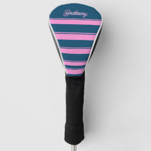 Blauw en roze streepjespatroon gepersonaliseerd golfheadcover