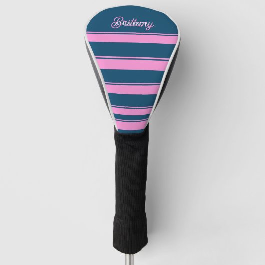 Blauw en roze streepjespatroon gepersonaliseerd golfheadcover (Voorkant)