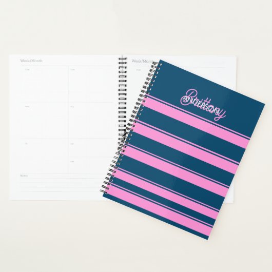 Blauw en roze streepjespatroon gepersonaliseerd planner (Display)