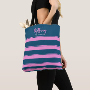 Blauw en roze streepjespatroon gepersonaliseerd tote bag