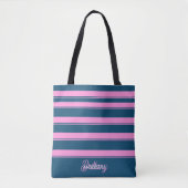 Blauw en roze streepjespatroon gepersonaliseerd tote bag (Voorkant)