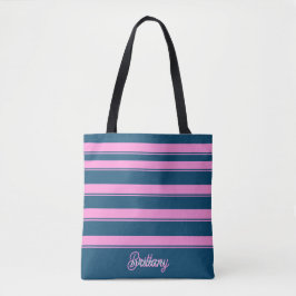 Blauw en roze streepjespatroon gepersonaliseerd tote bag