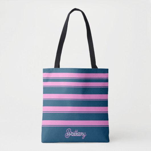 Blauw en roze streepjespatroon gepersonaliseerd tote bag (Voorkant)