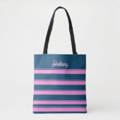 Blauw en roze streepjespatroon gepersonaliseerd tote bag (Voorkant)