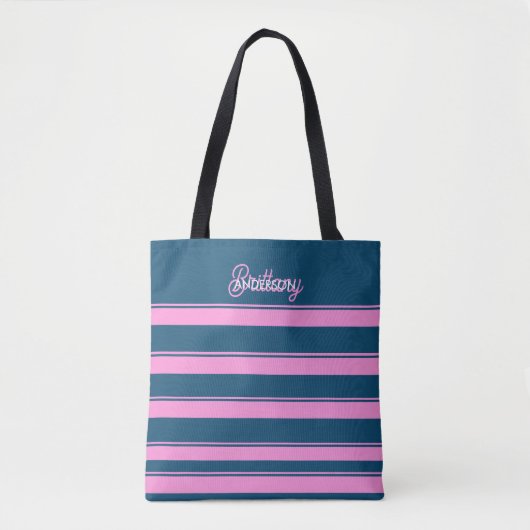 Blauw en roze streepjespatroon gepersonaliseerd tote bag (Voorkant)
