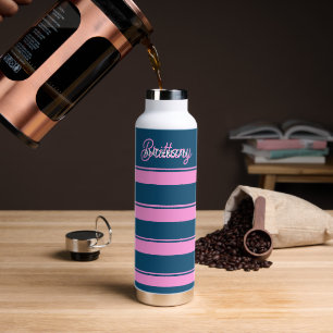 Blauw en roze streepjespatroon gepersonaliseerd waterfles