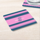 Blauw en roze strepen patroon monogram kartonnen onderzetters (Schuin)