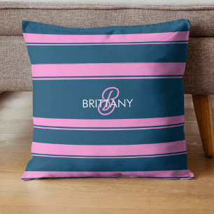 Blauw en roze strepen patroon monogram kussen