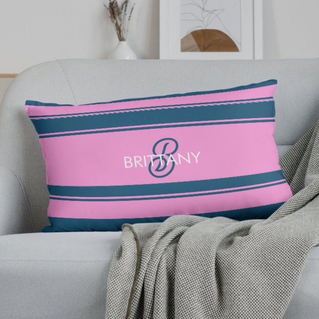 Blauw en roze strepen patroon monogram kussen (Creator heeft geüpload)