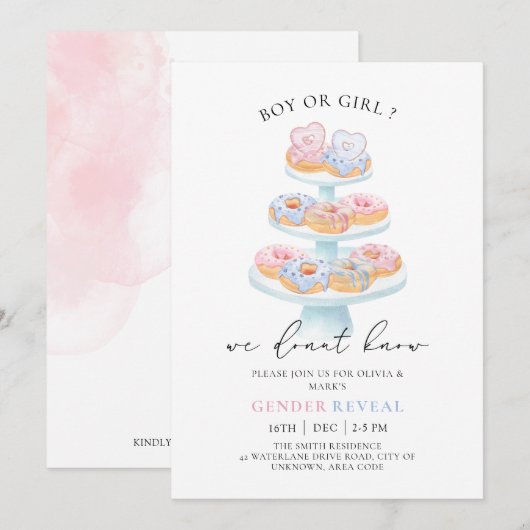 Blauw en Roze Sweet Donuts Baby Geslacht onthullen Kaart (Voorkant / Achterkant)