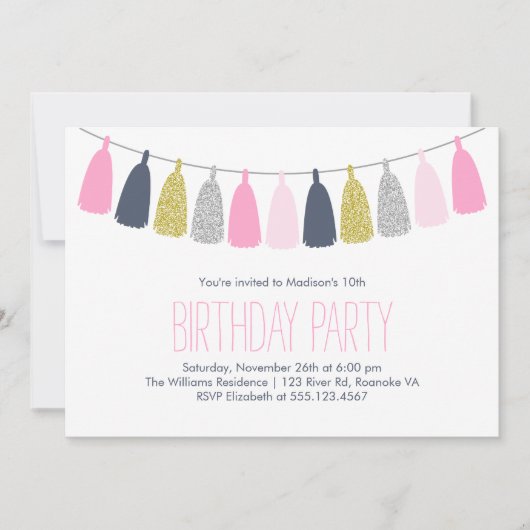 Blauw en Roze Tassel Garland Verjaardagsfeest Kaart (Voorkant)