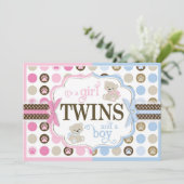 Blauw en roze Teddy bears Twins Baby shower Kaart (Staand voorkant)