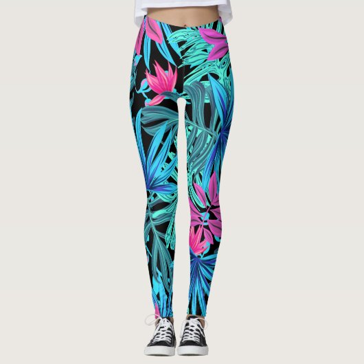 Blauw en roze tropische afdrukken leggings (Voorkant)