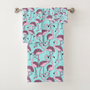 Blauw en Roze Tropische Flamingo Badkamer Handdoek