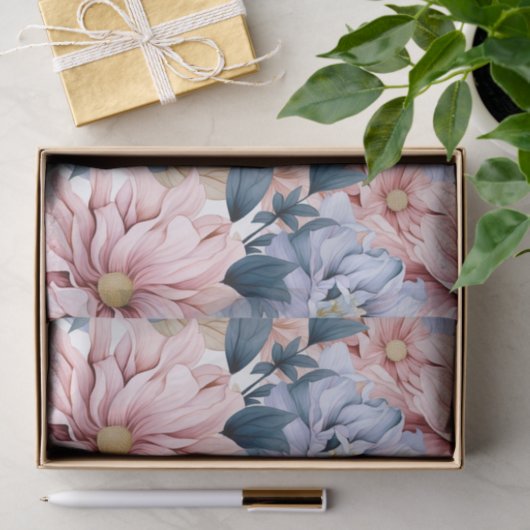  Blauw en Roze Tuinbloemen Tissuepapier (Geschenk)