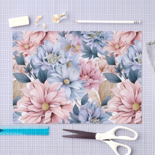  Blauw en Roze Tuinbloemen Tissuepapier (Craft)