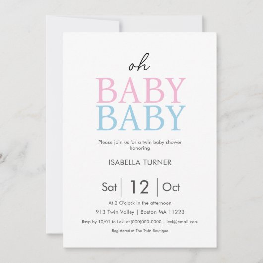 Blauw en roze | Uitnodiging voor dubbel Baby showe (Voorkant)