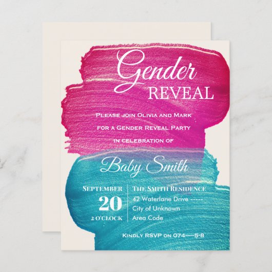 Blauw en roze Verf Smear Genderonderzoek Uitnodigi (Voorkant / Achterkant)
