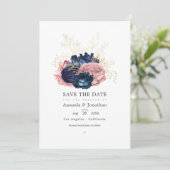 Blauw en Roze Vintage Rozen Trouwfoto Save The Date (Staand voorkant)