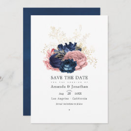 Blauw en Roze Vintage Rozen Trouwfoto Save The Date