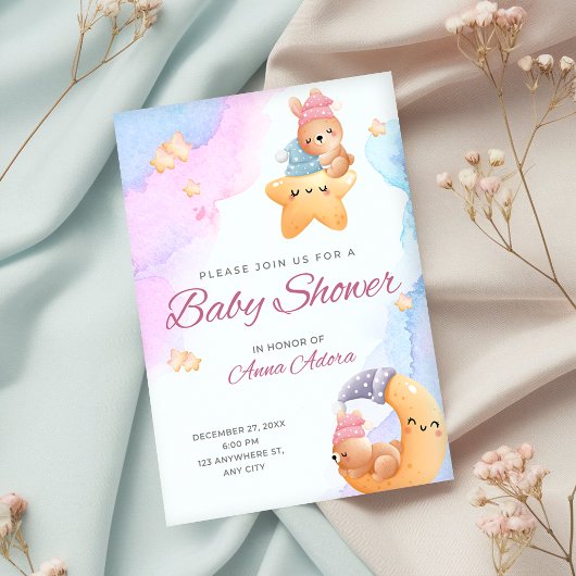 Blauw en roze Waterverf Baby shower Uitnodiging