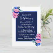 Blauw en Roze Waterverf Bloemen  Bruiloft Kaart (Staand voorkant)