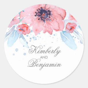 Blauw en Roze Waterverf Bloemen Elegante Bruiloft Ronde Sticker