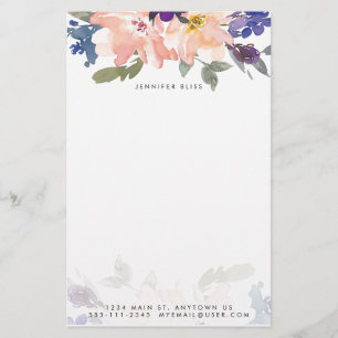 Blauw en roze waterverf bloemstuk gepersonaliseerd briefpapier