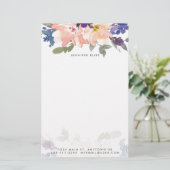 Blauw en roze waterverf floraal gepersonaliseerd briefpapier (Staand voorkant)