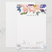 Blauw en roze waterverf floraal gepersonaliseerd briefpapier (Voorkant / Achterkant)