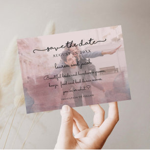 Blauw en roze waterverf foto opslaan de datum kaart