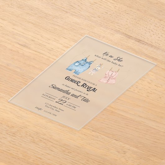 Blauw en roze Waterverf Gender Acryl Uitnodiging (Laagn)