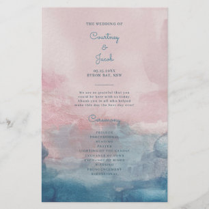 Blauw en Roze Waterverf Trouwceremonie Programma